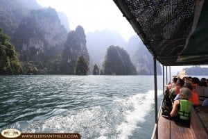 Cheow Larn Lake exploration on longtail boat while heading to the floating Elephant Hills Rainforest Camp