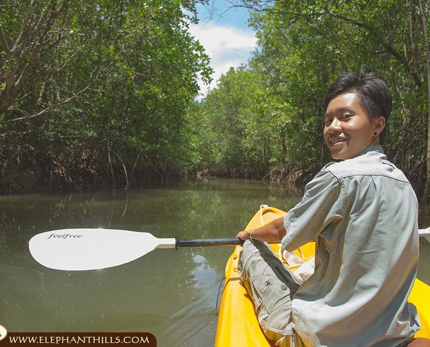 Tour guide Fon guiding her guests through the channels of the Mangroves