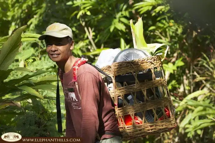 Our Elephant Hills jungle chef is delivering the fresh ingredients to our jungle kitchen to prepare a delicious lunch for our jungle trekking guests