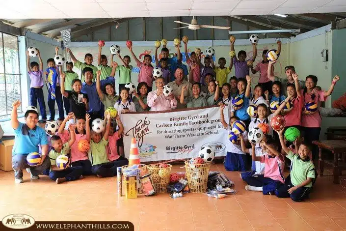 Thank you to Brigitte Gyrd and the Carlsen Family Facebook Group for donating sports equipment to one of our local schools. The Wat Tham Wararam school children cannot be more happy!