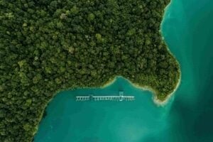 Aerial view of Elephant Hills' floating Lake Camp on Cheow Lan Lake, surrounded by rainforest
